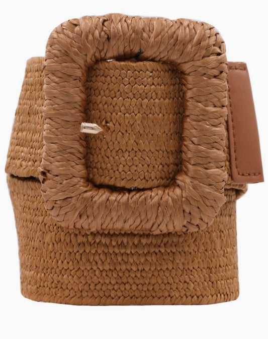 Boho Raffia Stretch Belt with Rattan Wrapped Buckle | Woven Summer Waist Belt