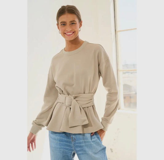 Up lifted, belted peplum sweatshirt