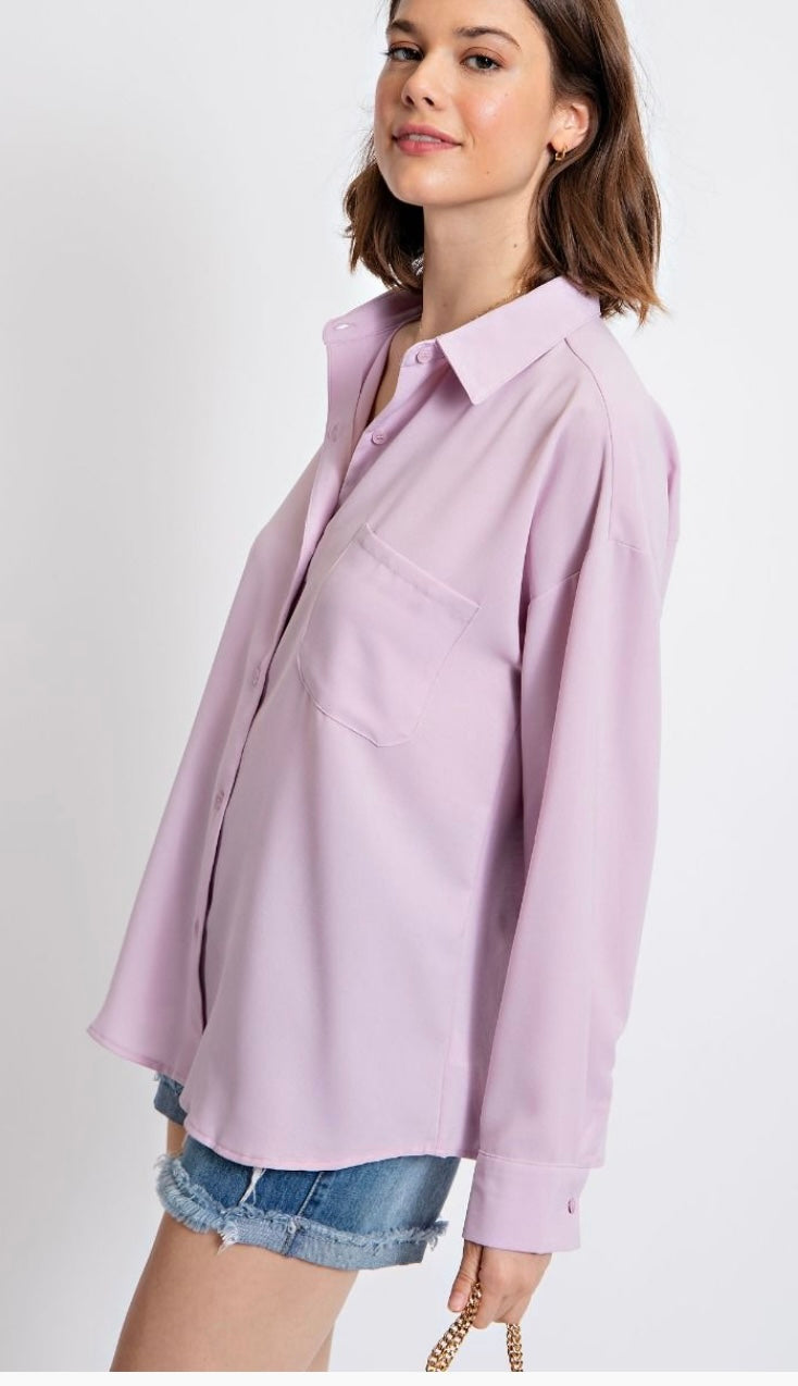 Lavender Luxe Relaxed Button Down Blouse – Soft Oversized Collared Top