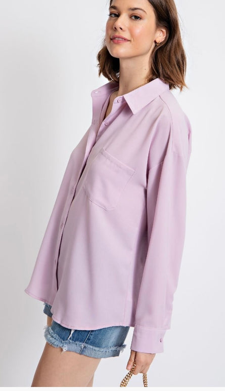Lavender Luxe Relaxed Button Down Blouse – Soft Oversized Collared Top