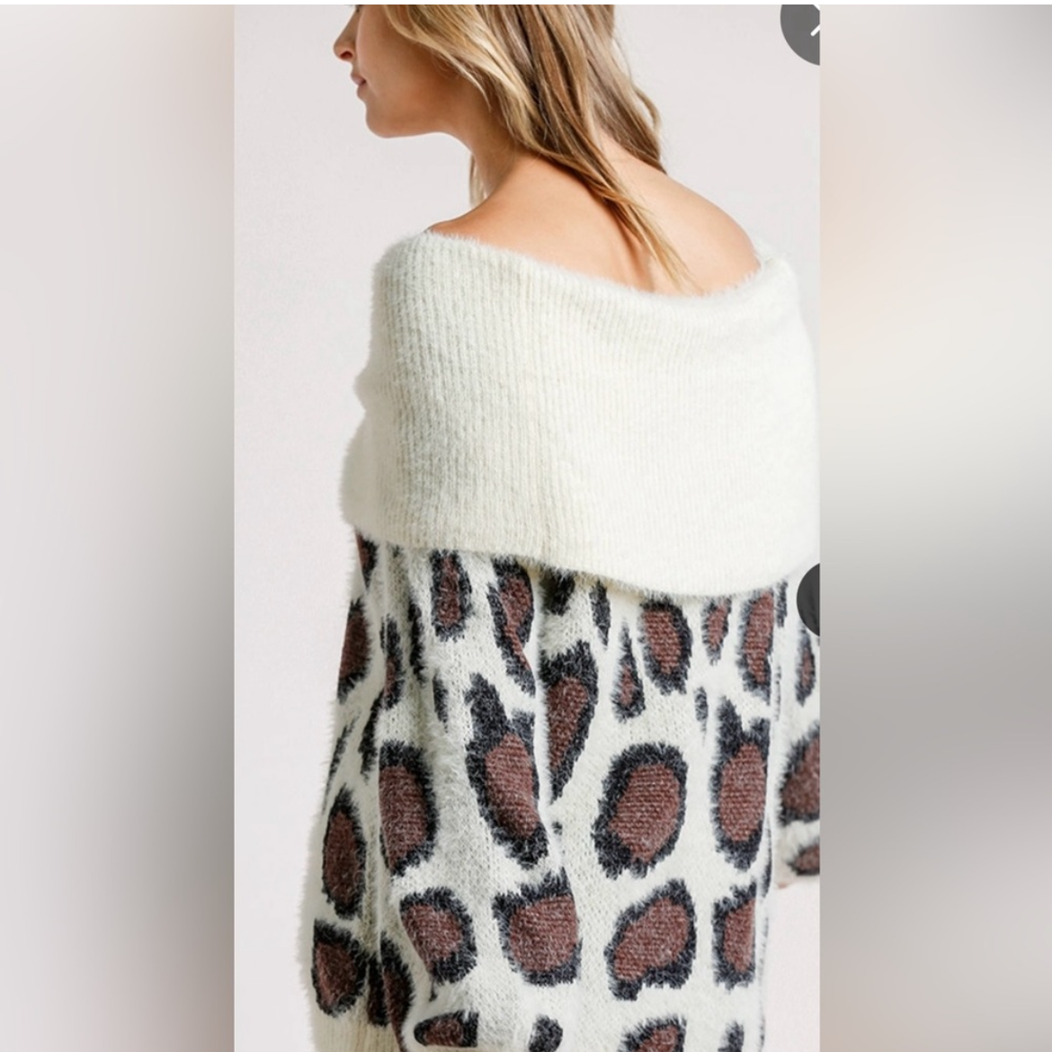 Leopard latte, off the shoulder fuzzy sweater