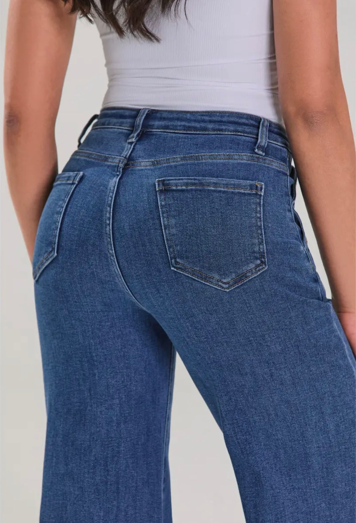 High Rise Sailor Wide Leg Jeans | Women’s Dark Wash Gold Button Denim