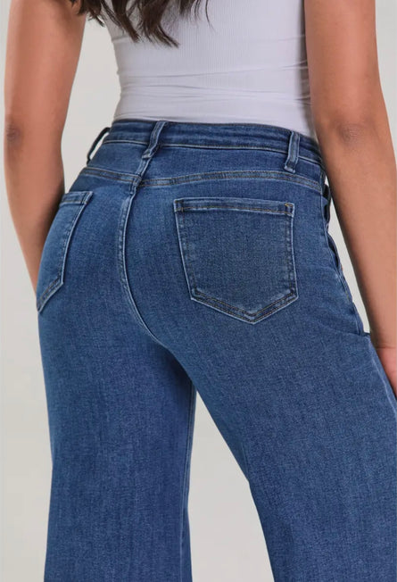 High Rise Sailor Wide Leg Jeans | Women’s Dark Wash Gold Button Denim