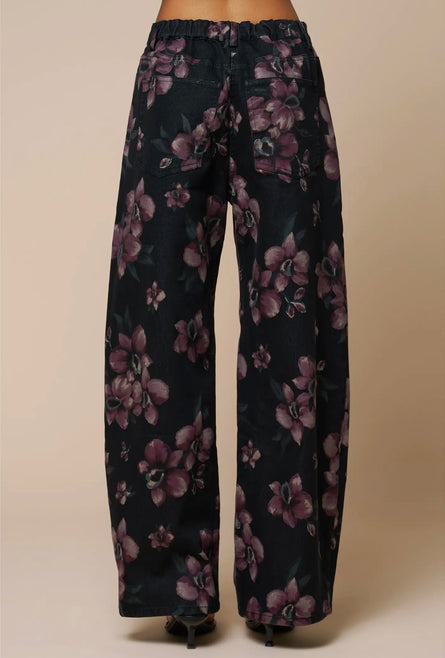 Charcoal Floral Print Barrel Leg Jeans