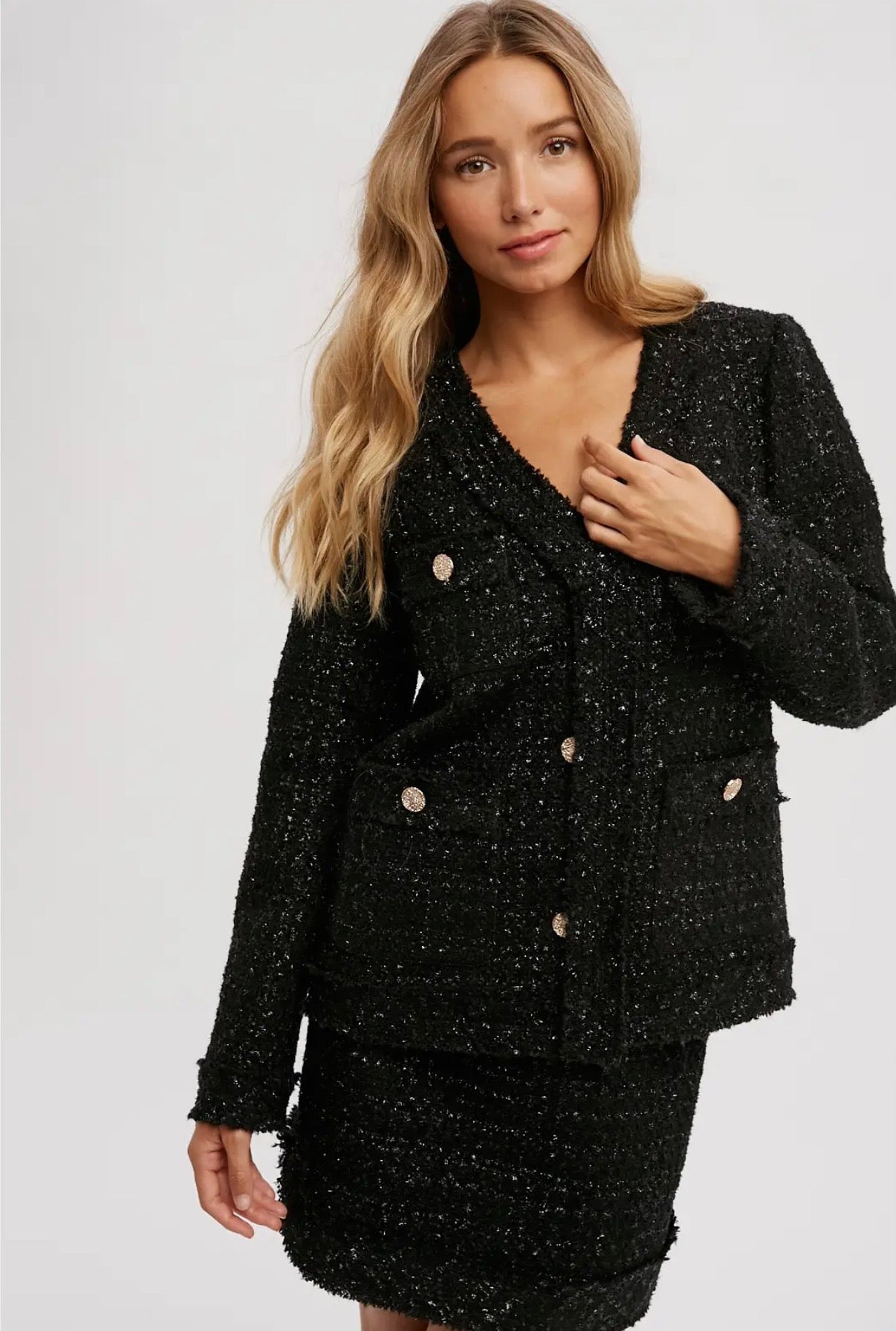 French Chic Black Bouclé Jacket with Gold Buttons