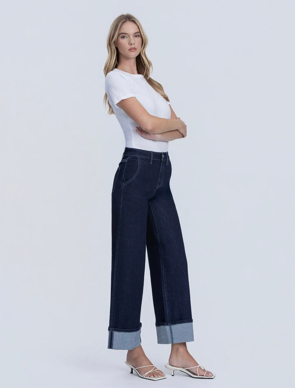 Vervet by Flying Monkey, High Rise Dark Wash Cuffed Ankle Wide Leg Jeans