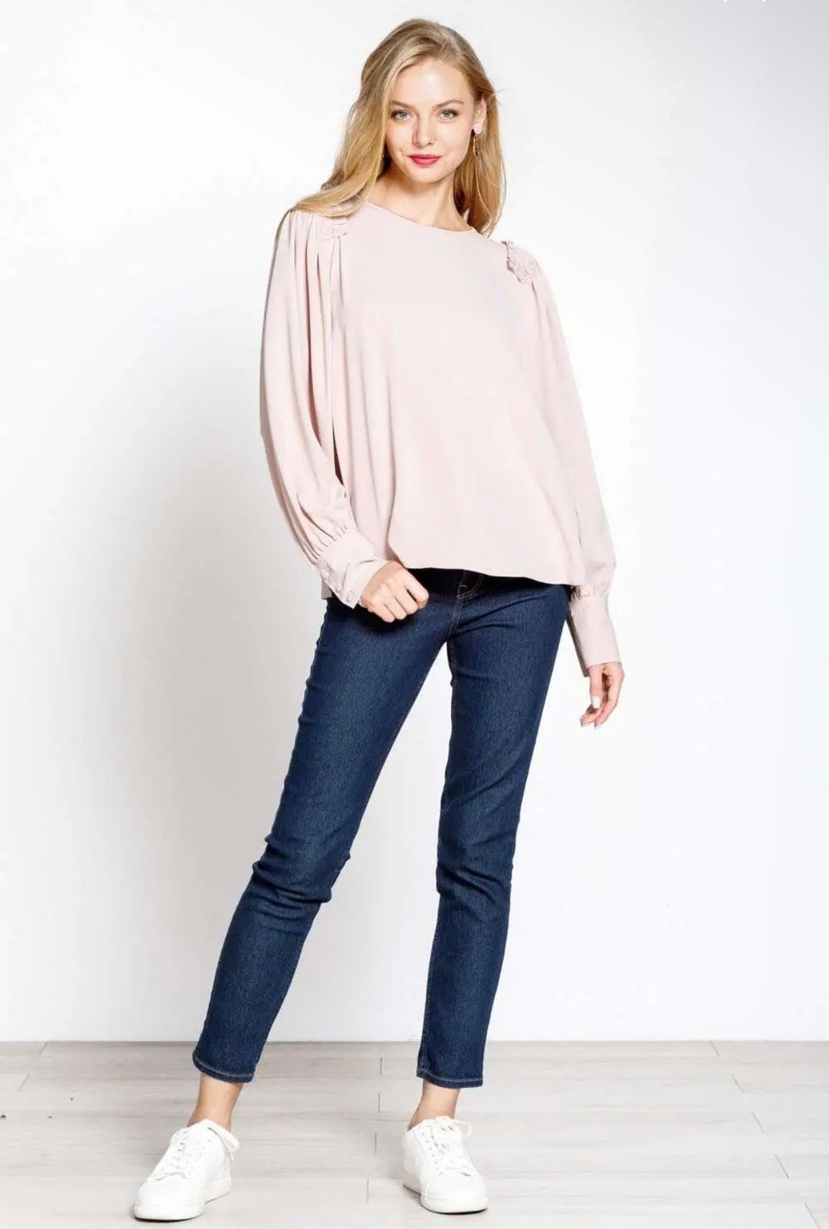 Blush Pink smocked shoulder Long Sleeve Blouse