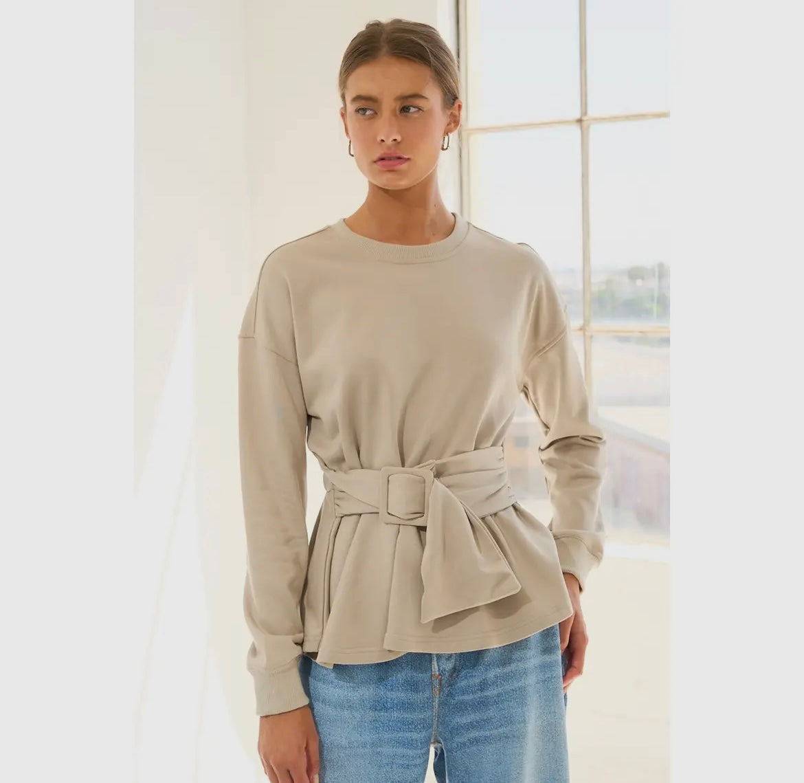 Up lifted, belted peplum sweatshirt