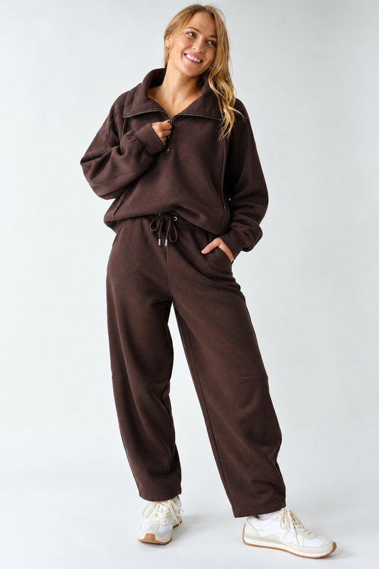 Chocolate Brown half zip fleece Sweatshirt and barrel pant Lounge Set