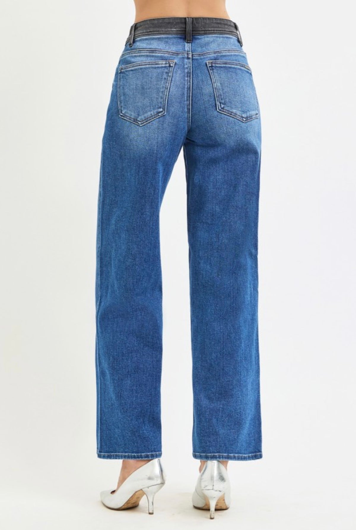Risen, High Rise Grey Contrast Waistband Wide Leg Jeans