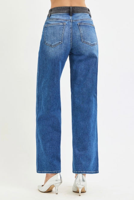 Risen, High Rise Grey Contrast Waistband Wide Leg Jeans