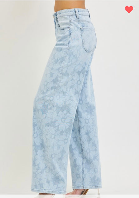 Blue Bloom Wide Leg Floral Denim Jeans – High Rise Statement Spring Jeans