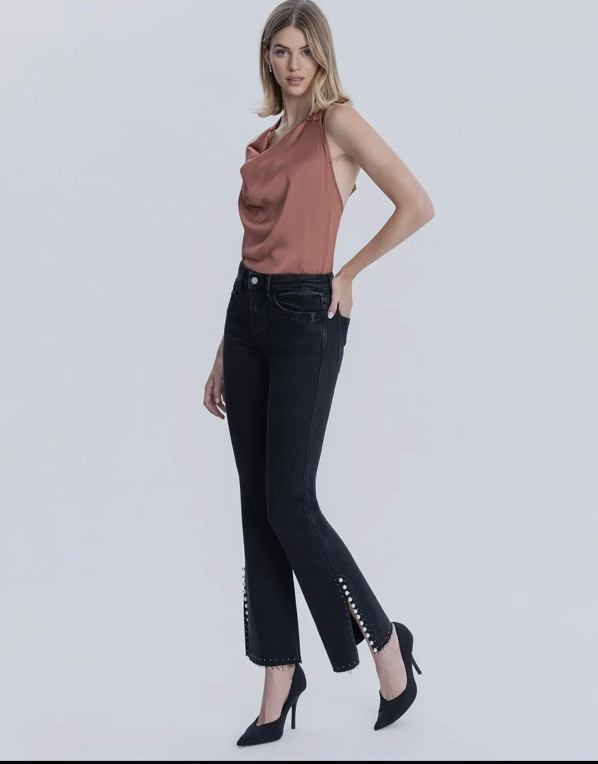 Baby Belle, High-Rise pearl embellished black bootcut jeans