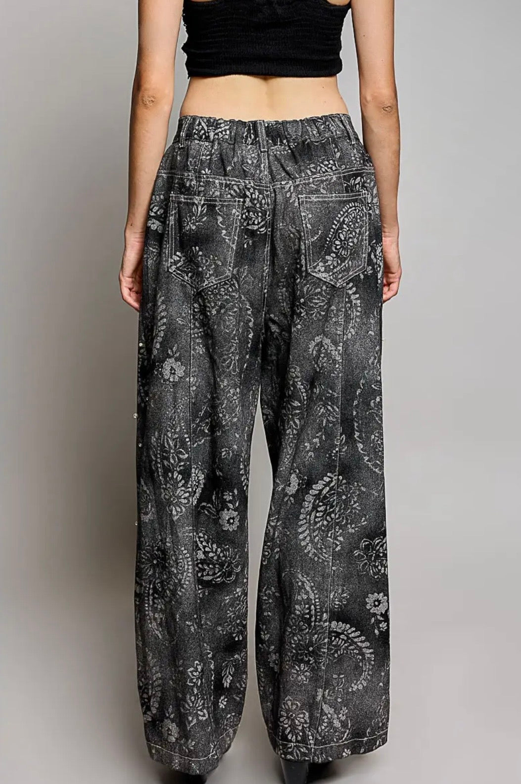 Vintage Washed Paisley Pearl Embellished Wide Leg Pants