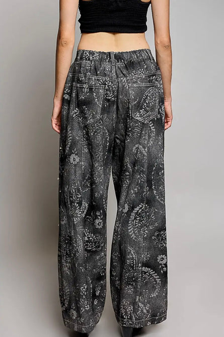 Vintage Washed Paisley Pearl Embellished Wide Leg Pants
