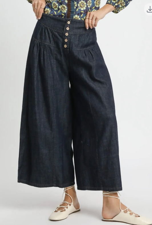 Dark Wash Denim Gaucho Pants – High Waist Button Front Wide Leg Cropped Jeans