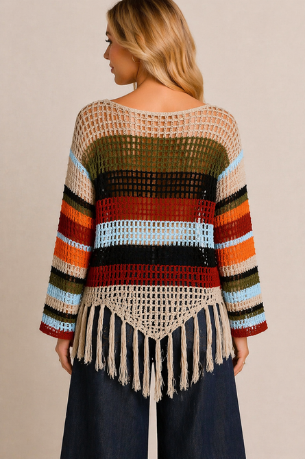 Boho Crochet Fringe Sweater – Lightweight Striped Open Knit Top