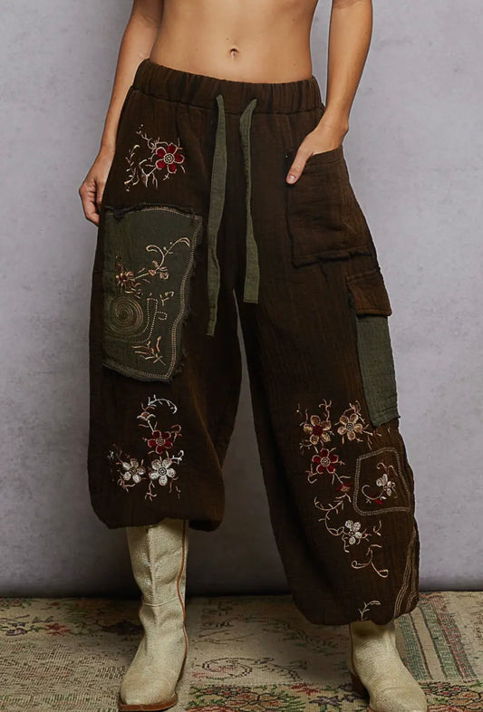 Night Bloom, floral embroidered joggers