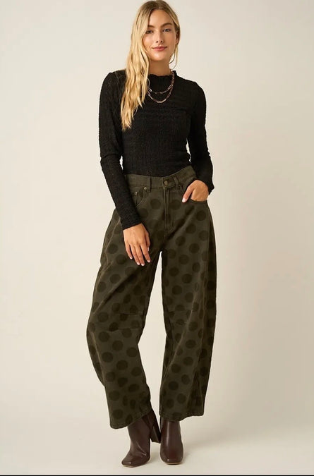 Olive Polka Dot Cotton Denim Barrel Leg Pants