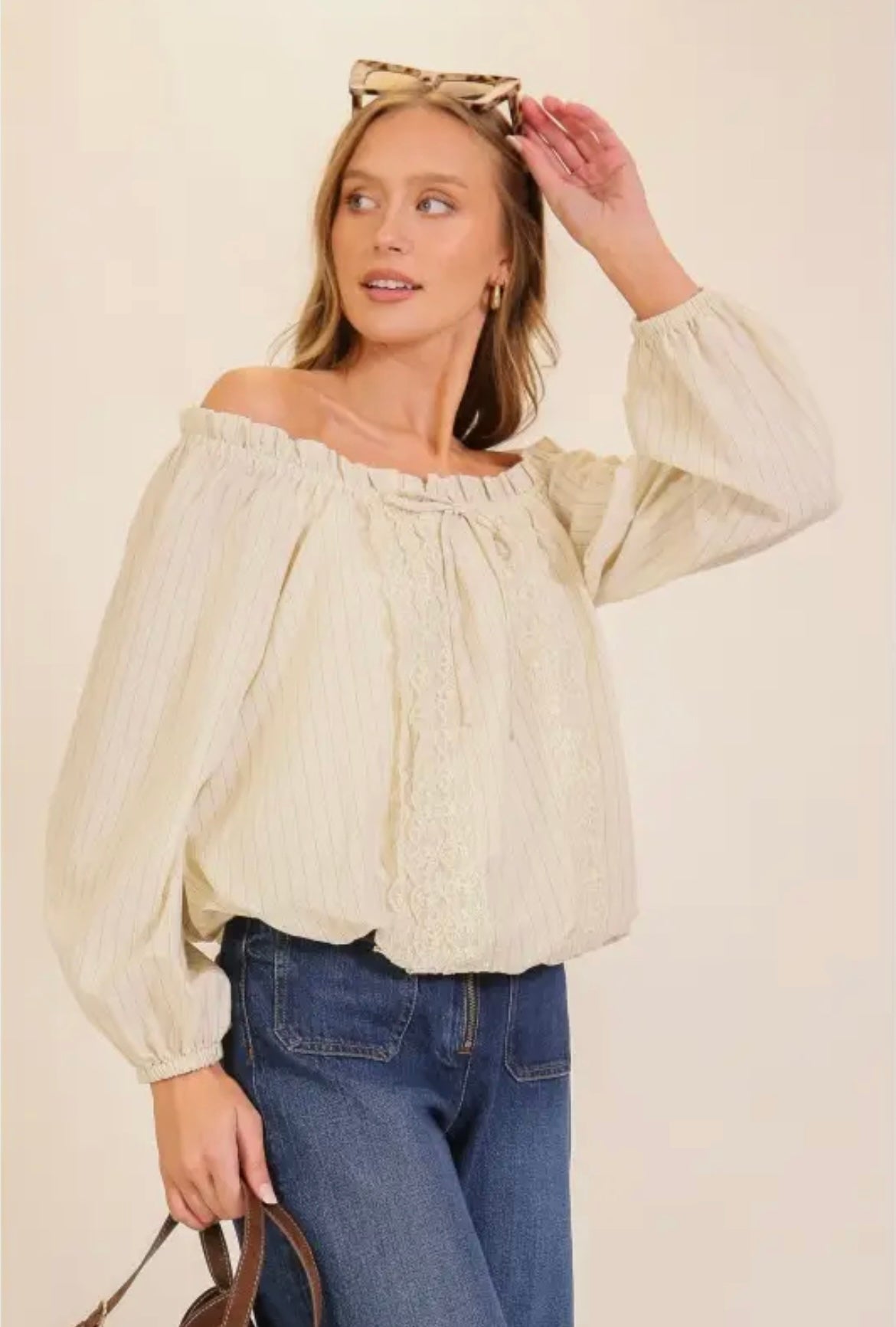 Women’s Ivory Off Shoulder Smocked Lace Blouse