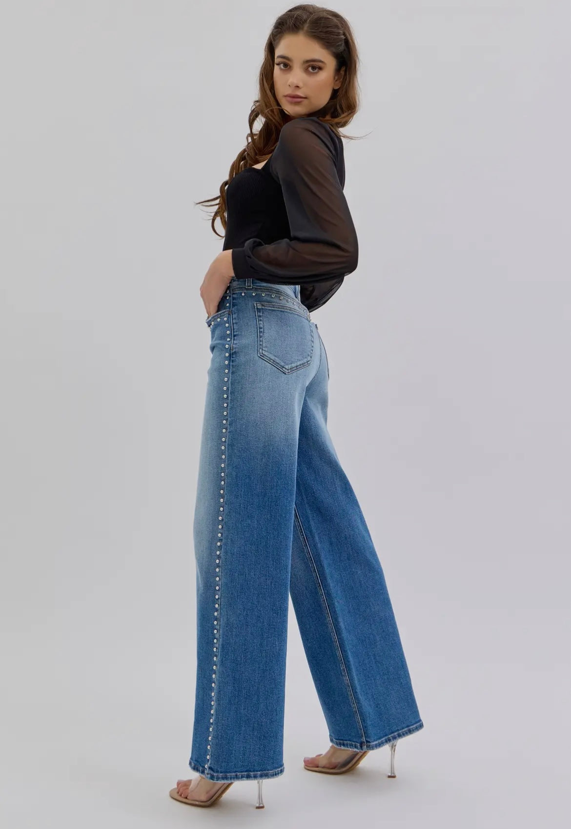 The Stud, Embellished stud detail wide leg jeans