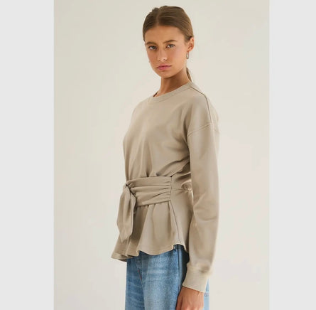Up lifted, belted peplum sweatshirt