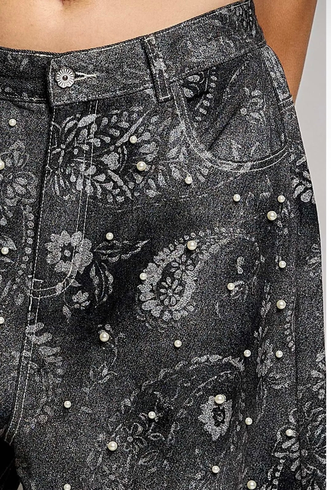 Vintage Washed Paisley Pearl Embellished Wide Leg Pants