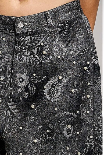 Vintage Washed Paisley Pearl Embellished Wide Leg Pants