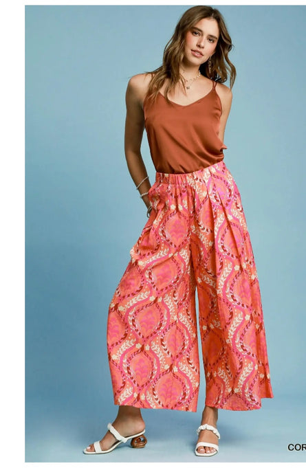 Boho Coral Paisley Wide Leg Palazzo Pants | Lightweight Resort Style Pants