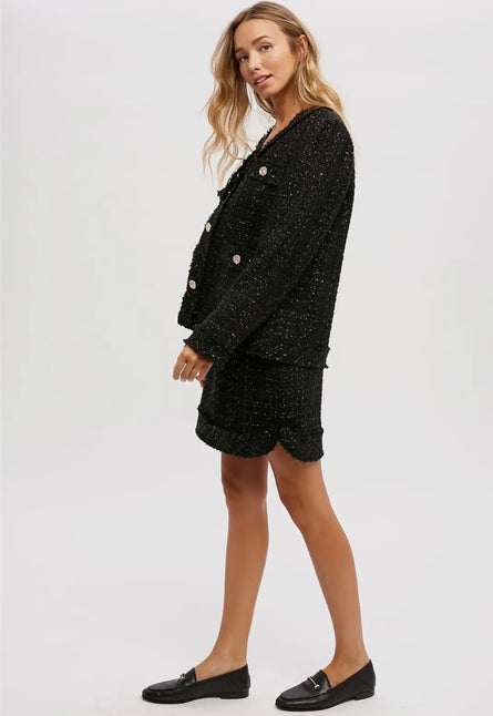 French Chic Black Bouclé Jacket with Gold Buttons
