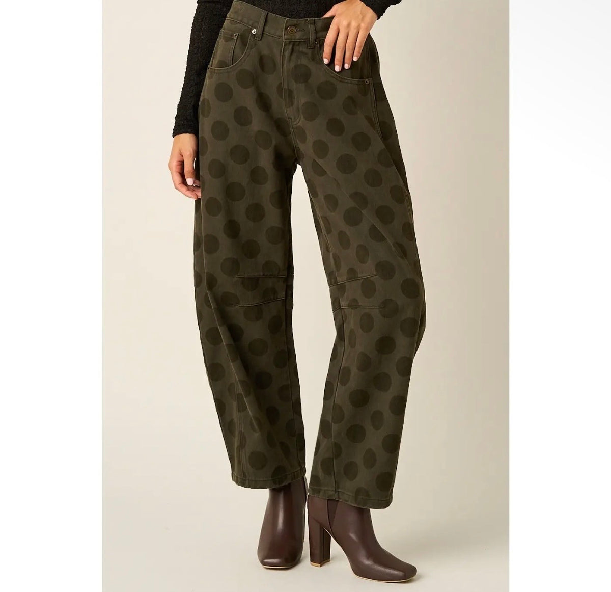Olive Polka Dot Cotton Denim Barrel Leg Pants