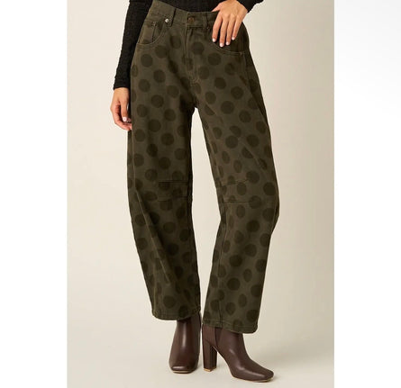 Olive Polka Dot Cotton Denim Barrel Leg Pants