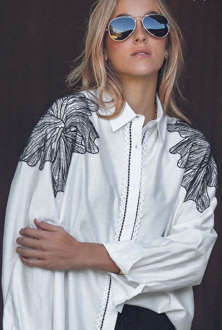 White Embroidered Flower Shoulder Button-Up Shirt