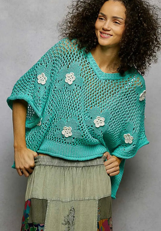 POL, Embroidered flower crochet top
