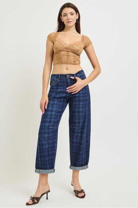 Risen, Indigo slouchy Plaid Barrel Leg Jeans – Cuffed Cropped Denim