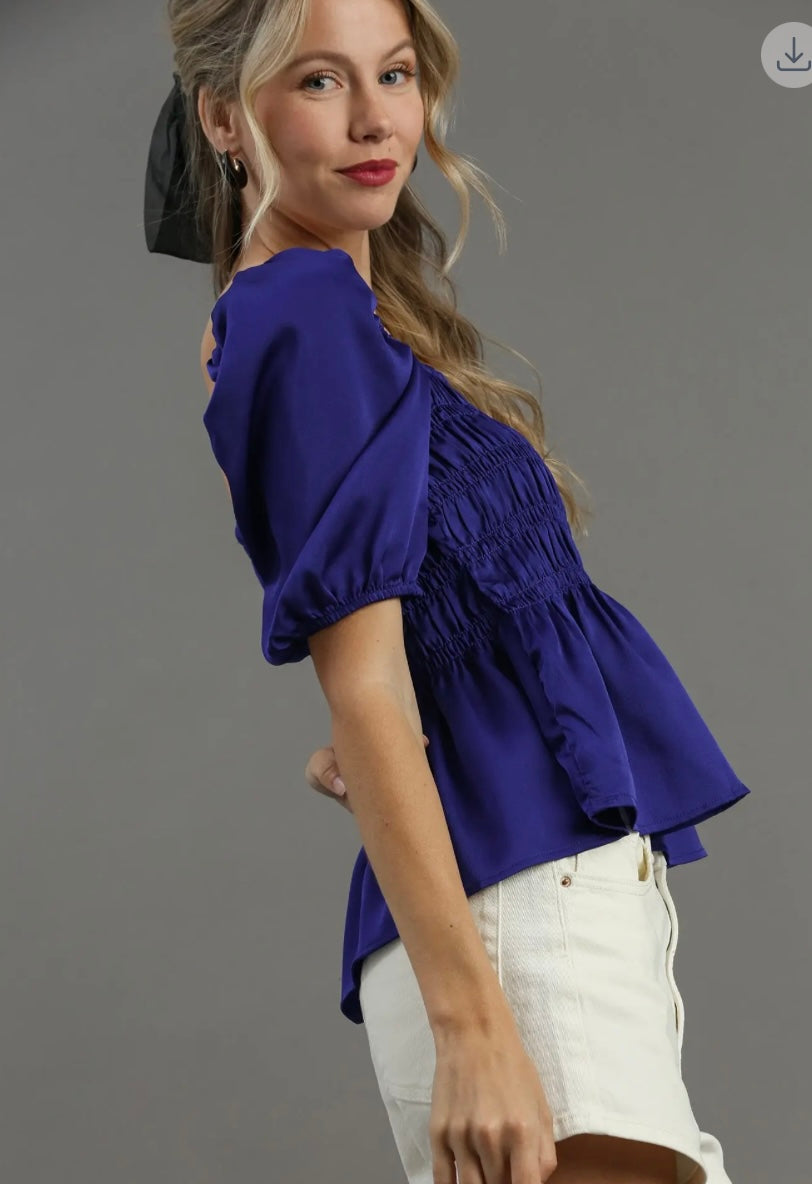 The Midnight Muse Satin Smocked Peplum Top