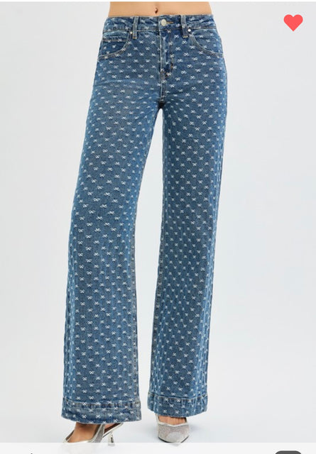 Ribbonette, Bow embroidered wide leg jean