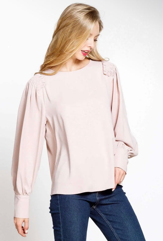 Blush Pink smocked shoulder Long Sleeve Blouse