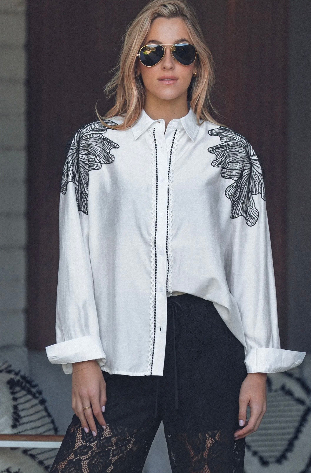White Embroidered Flower Shoulder Button-Up Shirt