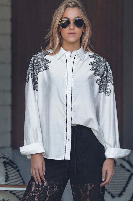 White Embroidered Flower Shoulder Button-Up Shirt