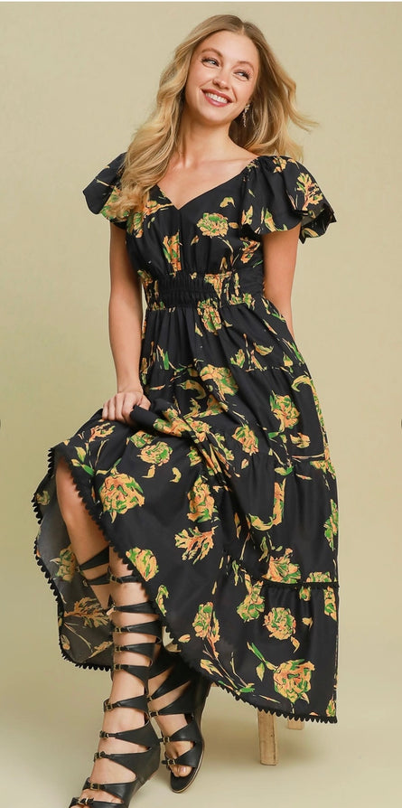 Midnight Garden Tiered Midi Dress