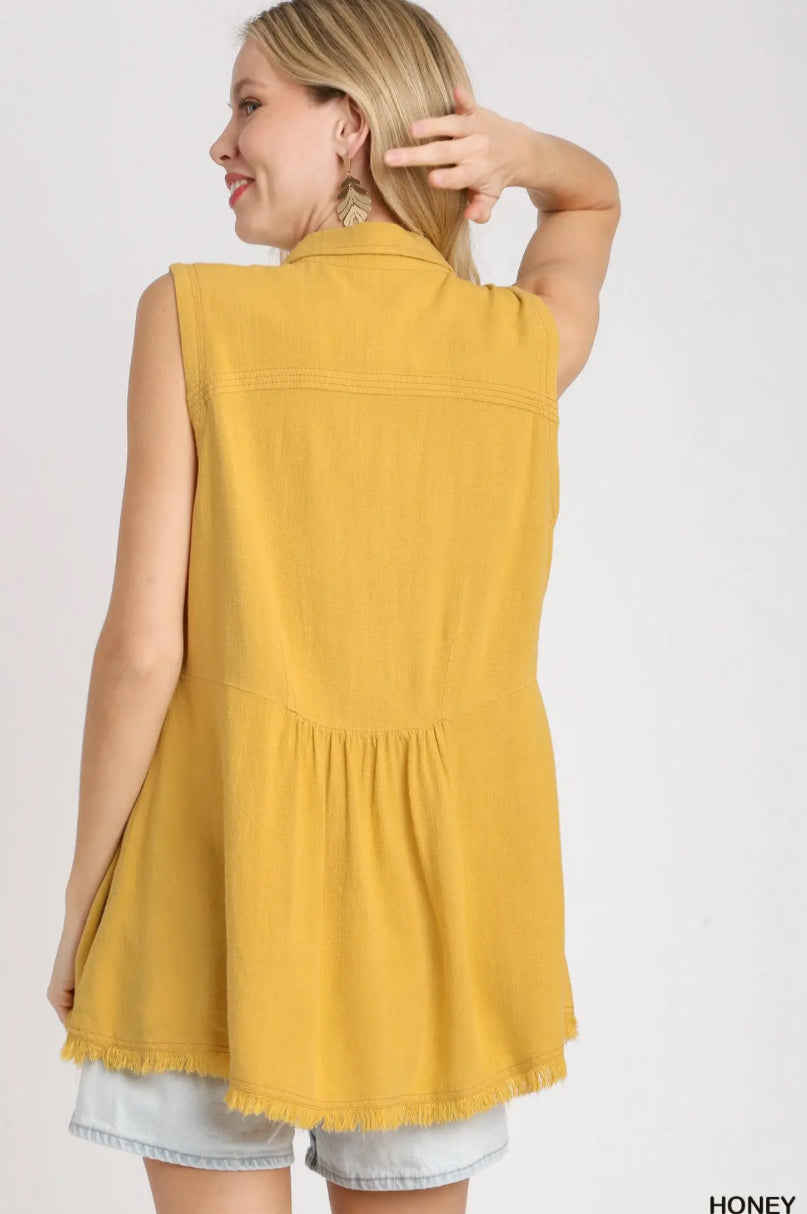 Boho Frayed Babydoll Tank Top – Sleeveless Collared Button Front Blouse