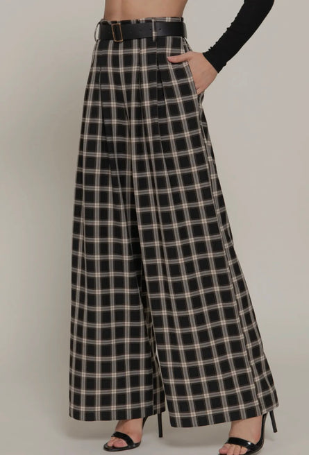 Plaid about you, Belted wide leg palazzo pant