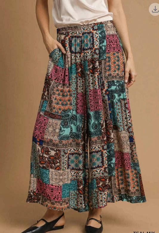 Boho Patchwork Wide Leg Palazzo Pants