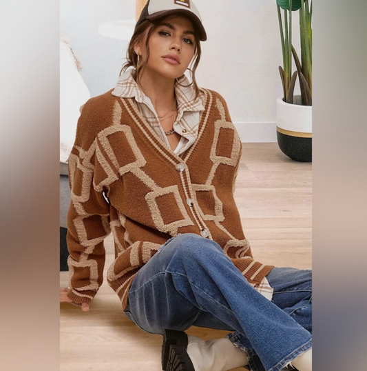 Autumn Grid, contrast knit cardigan