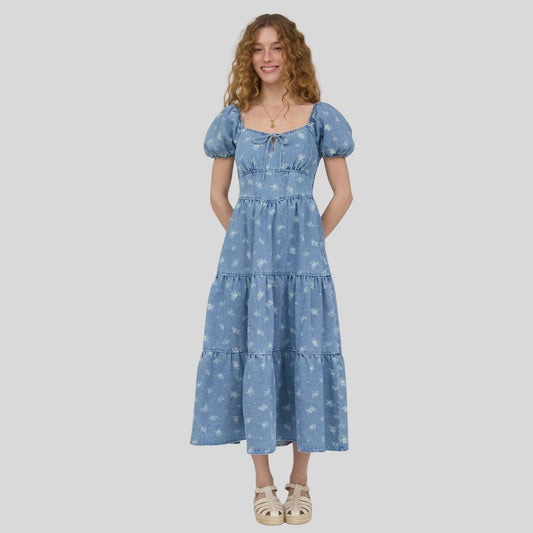Bluebell Breeze Floral Denim Puff Sleeve Midi Dress
