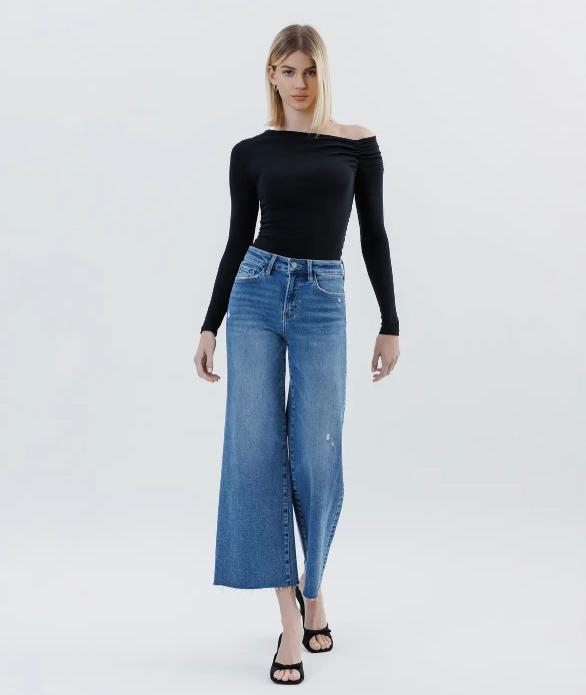 Harper, High rise raw hem ankle wide leg jeans