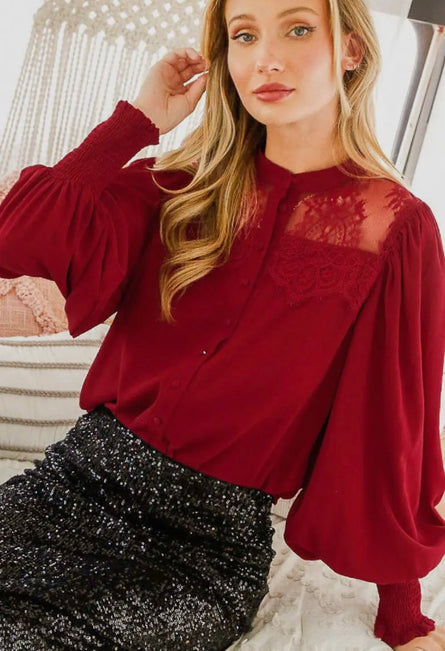 Lacey, scalloped lace embellished button down blouse