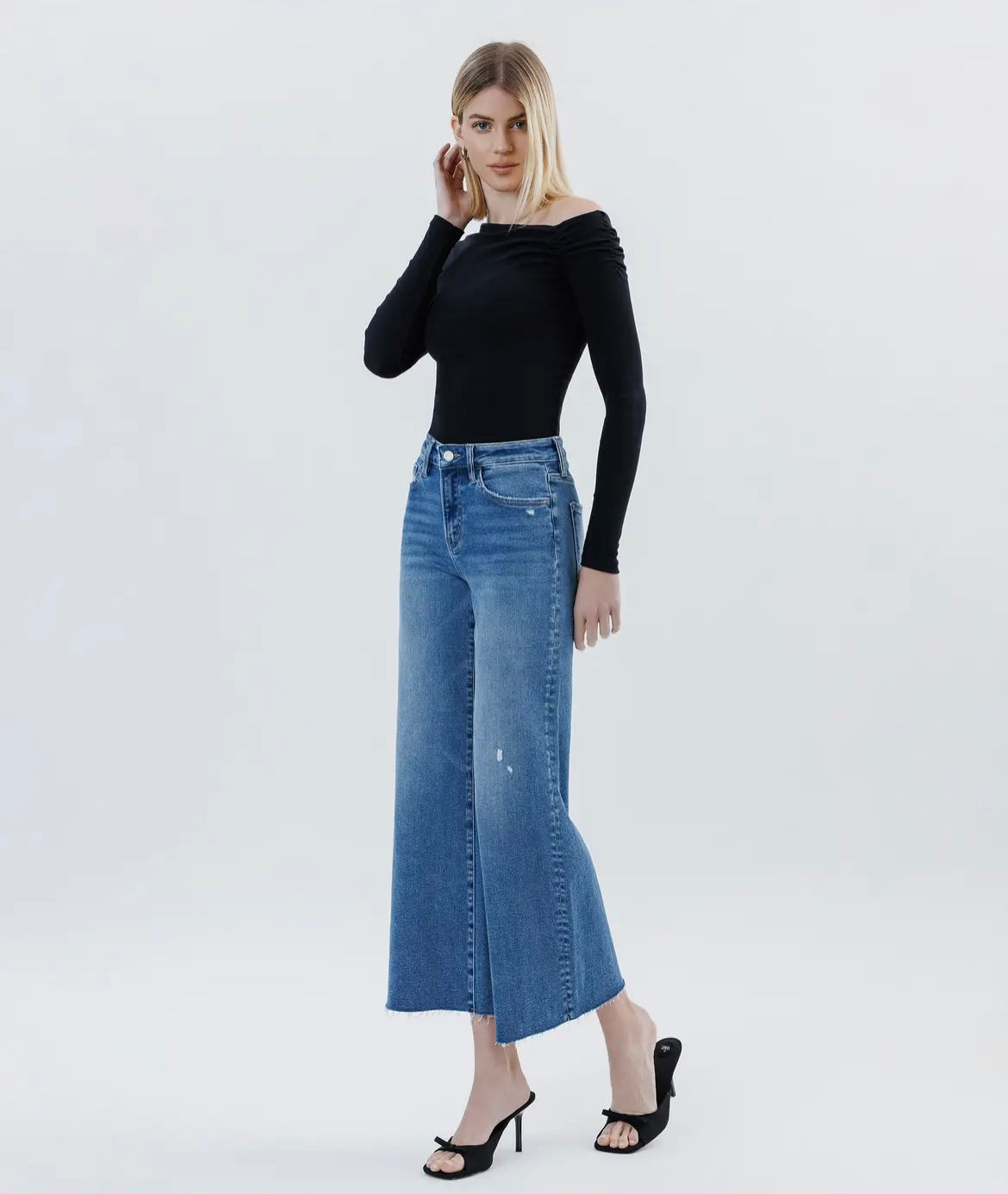 Harper, High rise raw hem ankle wide leg jeans