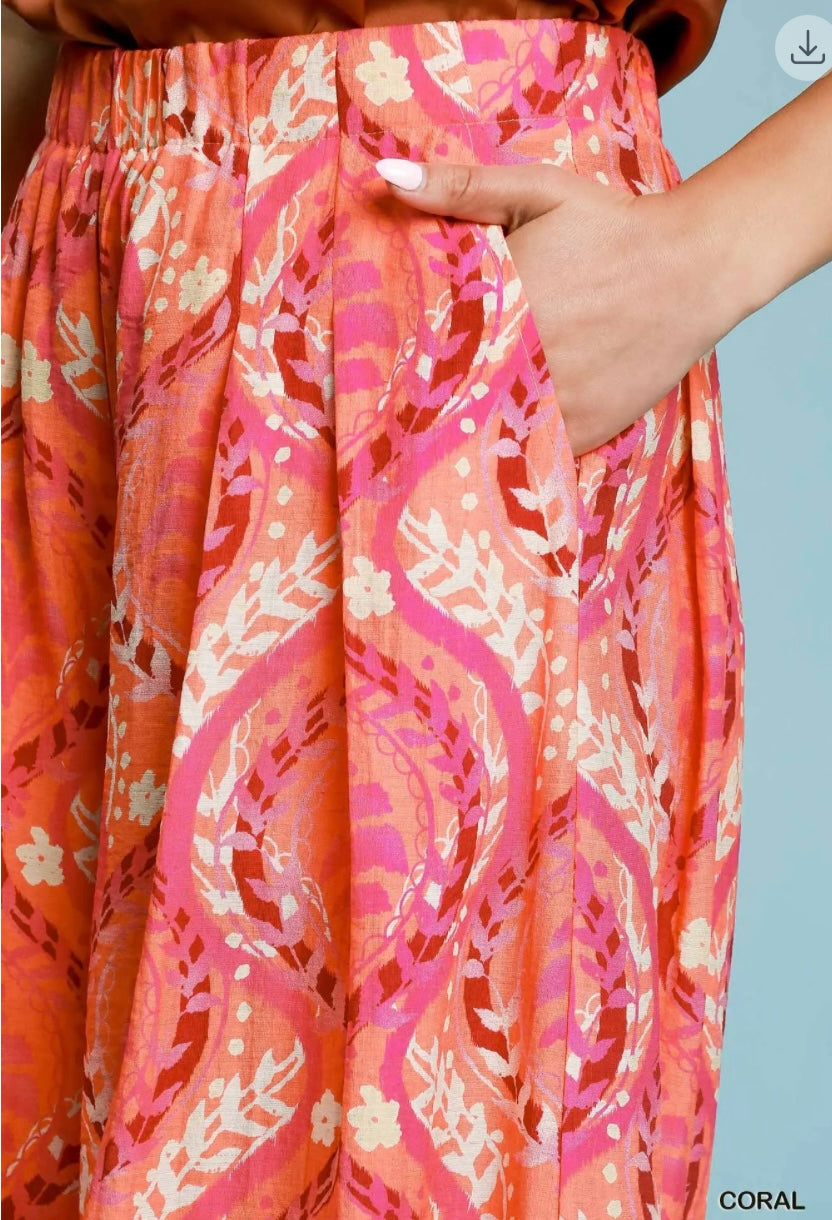 Boho Coral Paisley Wide Leg Palazzo Pants | Lightweight Resort Style Pants
